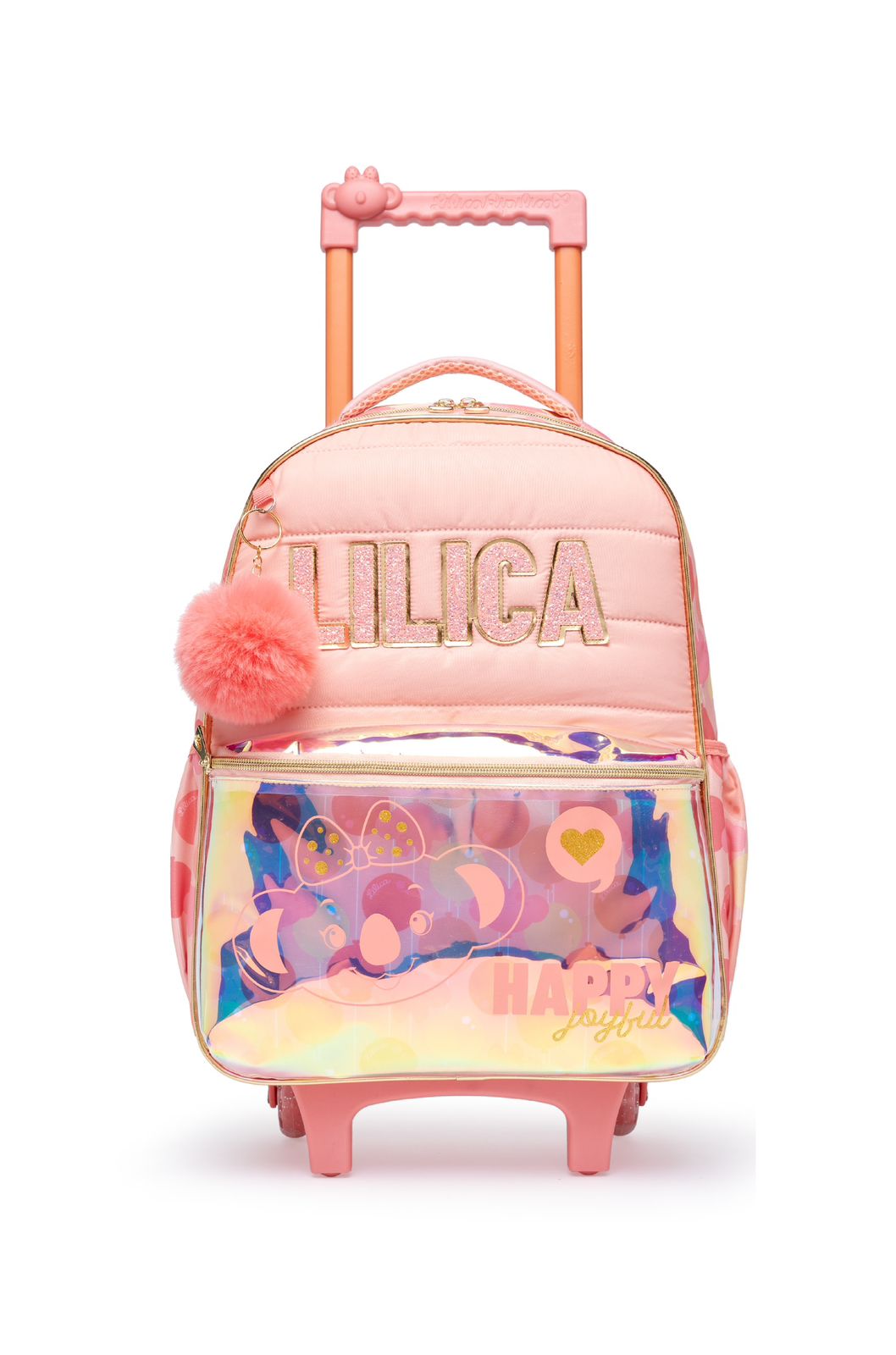 Mochila de Rodinhas coleção volta às aulas Lilica Ripilica 2024 A mochila com rodinhas em gel facilita o transporte e protegem a coluna da criança também possui bolsos laterais em tela. Com os puxadores do zíper estilizado e em metal a mochila vem também com um pompom que dá um charme especial. *As cores do produto podem variar das apresentadas nas fotos.